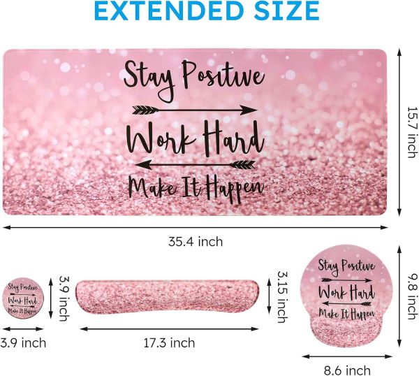 iCasso Mouse Pad,Large Pink Desk Mat, 4in1 XXL Mousepad + Keyboard Wrist Rest+Mouse Wrist Rest+Coaster Set with Ergonomic Desk Pad for Home Office Table Computer-Pink Stay Positive - Image 2