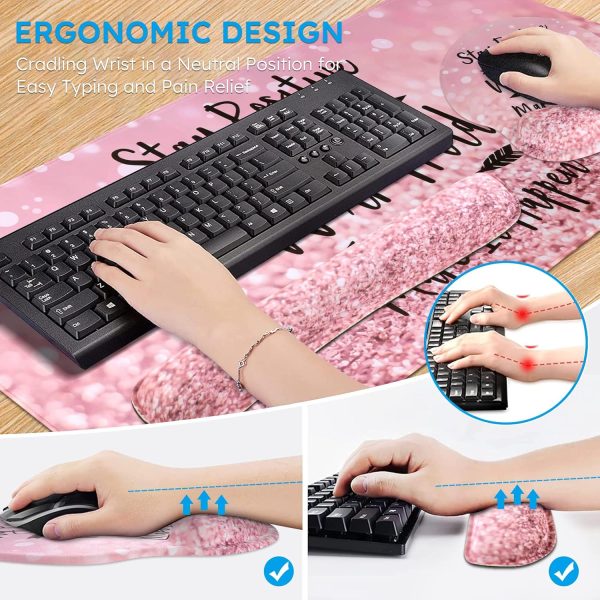 iCasso Mouse Pad,Large Pink Desk Mat, 4in1 XXL Mousepad + Keyboard Wrist Rest+Mouse Wrist Rest+Coaster Set with Ergonomic Desk Pad for Home Office Table Computer-Pink Stay Positive - Image 3