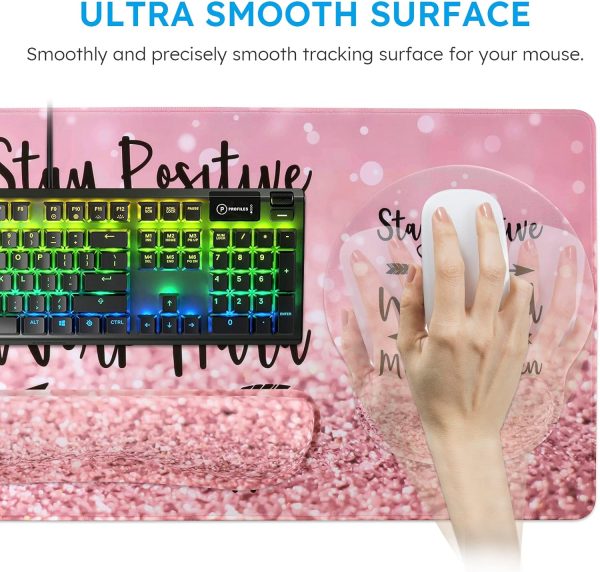 iCasso Mouse Pad,Large Pink Desk Mat, 4in1 XXL Mousepad + Keyboard Wrist Rest+Mouse Wrist Rest+Coaster Set with Ergonomic Desk Pad for Home Office Table Computer-Pink Stay Positive - Image 5