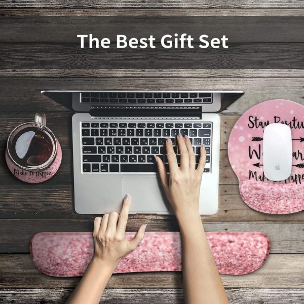 iCasso Mouse Pad,Large Pink Desk Mat, 4in1 XXL Mousepad + Keyboard Wrist Rest+Mouse Wrist Rest+Coaster Set with Ergonomic Desk Pad for Home Office Table Computer-Pink Stay Positive - Image 7